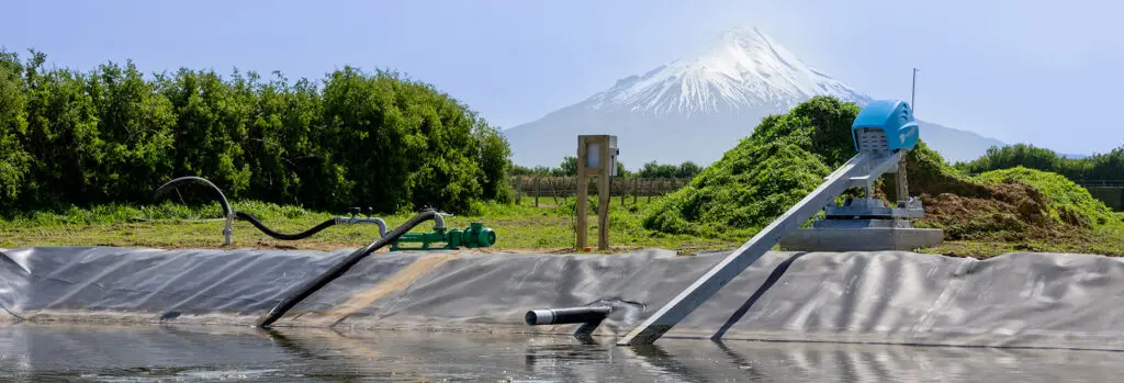Why Horizontal Pond Stirrers Are Recommended 5 Nevada Hero Progress Cavity Effluent pump on side of pond with Electric Stirrer and Taranaki Maunga in background
