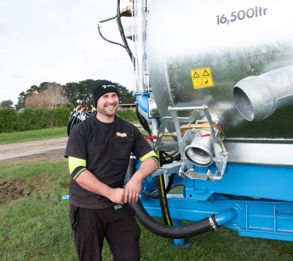 Josh Increased his on Farm Efficiency 1 Josh standing proudly infront of his Nevada16,500L Tandem Slurry Tanker