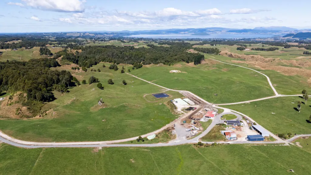 Drone shot of a Farm in NZ with a well managed dairy effluent system
