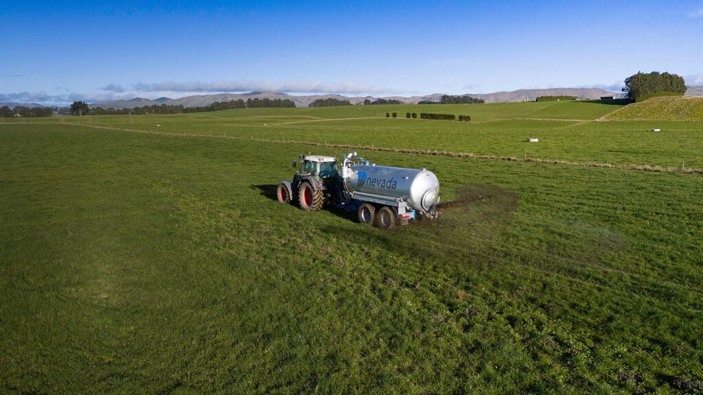 Nevada 12800L Tandem Slurry Tanker spreading with RainWave